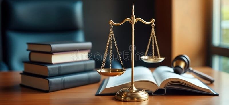 Goldene Justizwaage vor Gesetzbüchern und offenem Rechtsbuch auf einem Schreibtisch